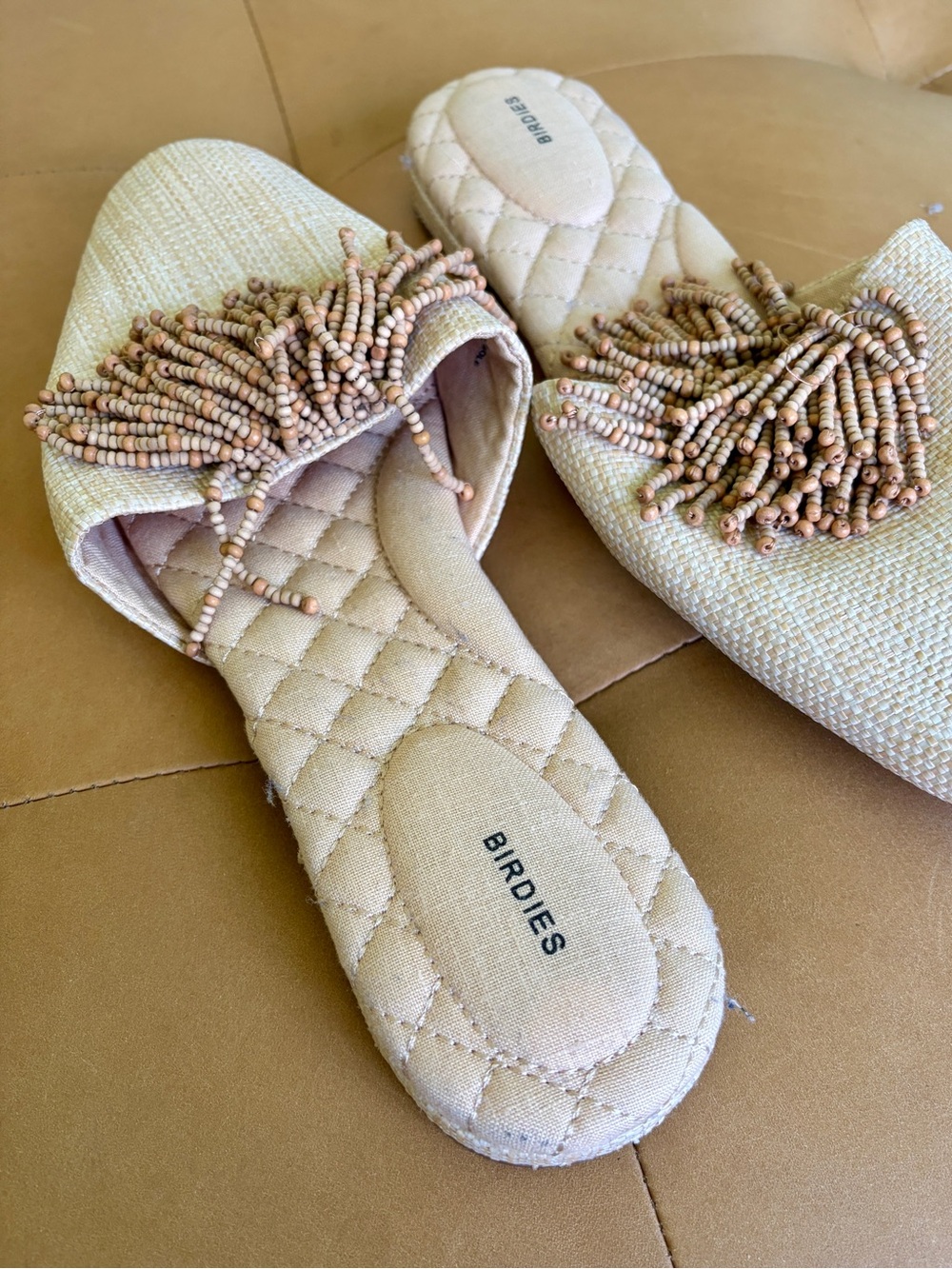 Birdies Songbird natural faux raffia beaded fringe tassel slide mules size 12 - Picture 7 of 7